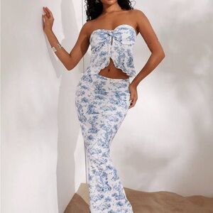 Blue and White Toile Print Top and Skirt Set